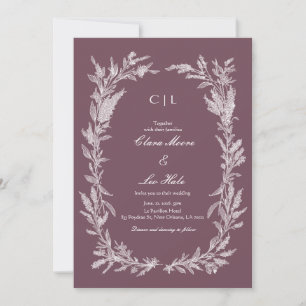 Dusty Plum White Line Art Botanical Wedding Invitation