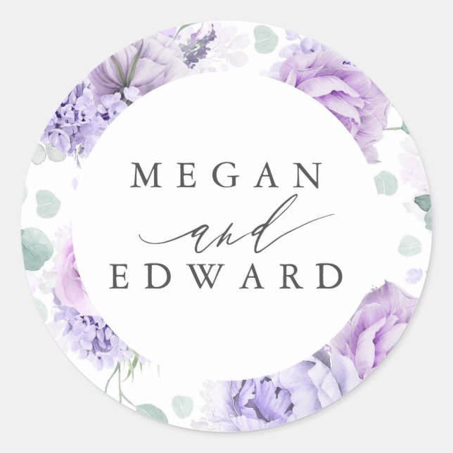 Dusty Purple and Mauve Floral Botanical Wedding Classic Round Sticker (Front)