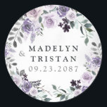 Dusty Purple and Silver Grey Floral Rustic Wedding Classic Round Sticker<br><div class="desc">Design features elegant watercolor floral elements in various shades of dusty purples,  dark plum and more. Design also features various types of rustic greenery and branches with subtle silver grey watercolor splashes for added style.</div>