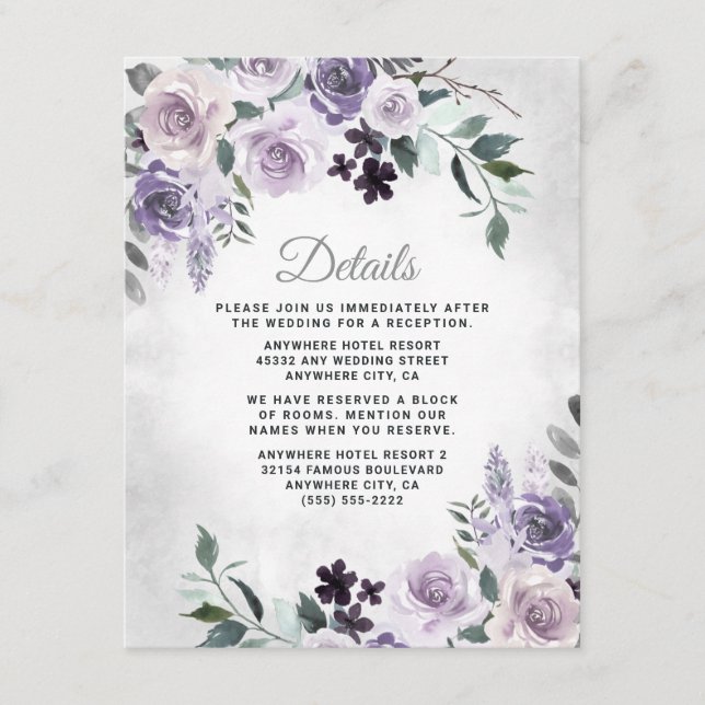Dusty Purple and Silver Grey Floral Rustic Wedding Enclosure Card (Front)