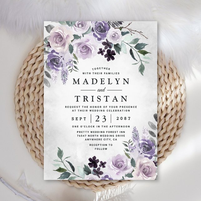 Dusty Purple and Silver Grey Floral Rustic Wedding Invitation (Creator Uploaded)