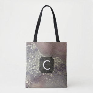 Dusty Purple and Silver Liquid Art Monogram Tote Bag