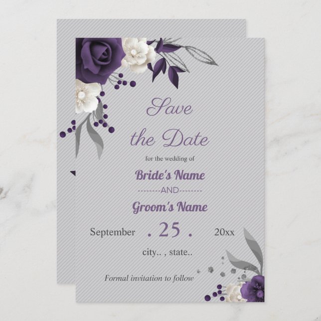 dusty purple and white flowers grey save the date invitation (Front/Back)