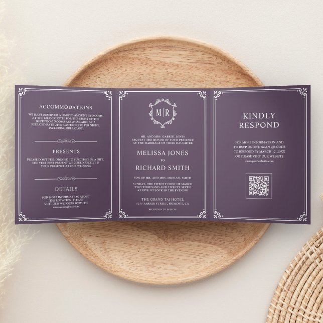 Dusty Purple and White Monogram QR Code Wedding Tri-Fold Invitation (Creator Uploaded)