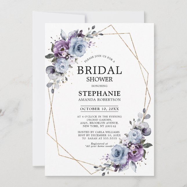 Dusty Purple Blooms Geometric Bridal Shower Invita Invitation (Front)