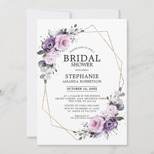 Dusty Purple Blooms Geometric Bridal Shower Invitation (Front)
