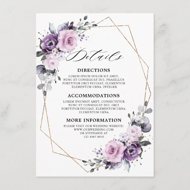 Dusty Purple Blooms Geometric Wedding Details Enclosure Card (Front)