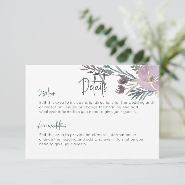Dusty Purple & Blue Boho Floral Details Wedding Enclosure Card (Standing Front)