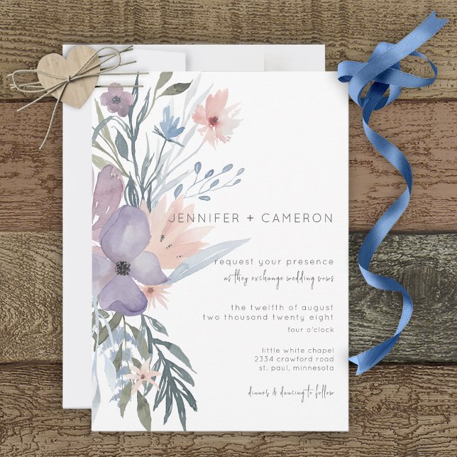 Dusty Purple & Blue Boho Floral Wedding Invitation (Creator Uploaded)