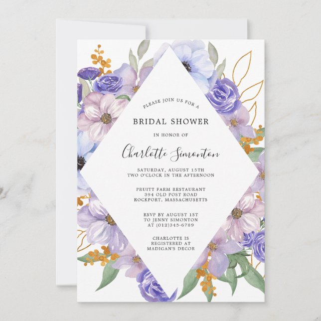 Dusty Purple Blue Floral Bridal Shower Invitation (Front)