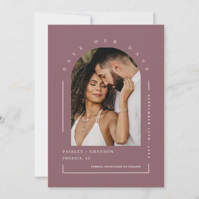 Dusty Purple Boho Arch Photo QR Code Save Our Date Invitation (Front)