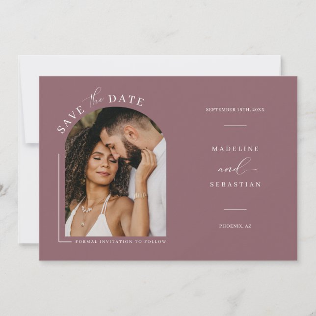 Dusty Purple Boho Arch Photo QR Code Save the Date Invitation (Front)
