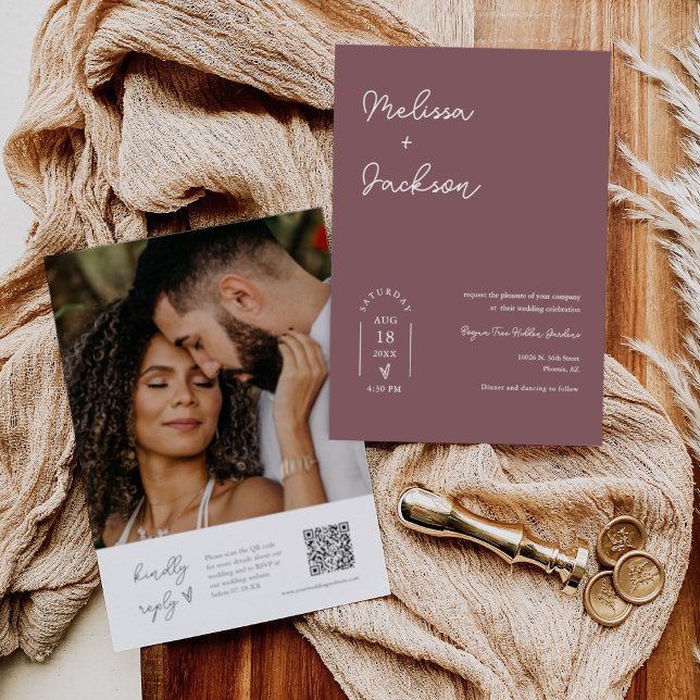 Dusty Purple Boho Minimalist Wedding QR Code Photo Invitation (Creator Uploaded)