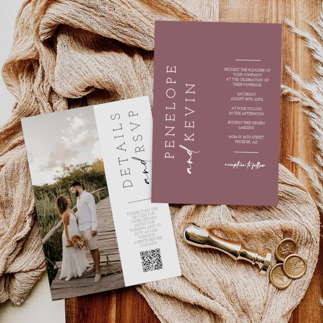 Dusty Purple Boho Modern Wedding Photo QR Code Invitation (Creator Uploaded)