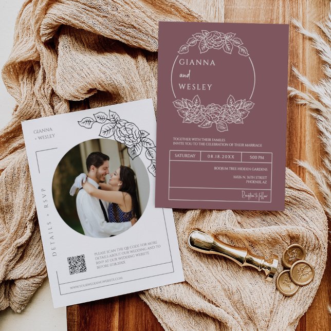 Dusty Purple Botanical Line Art Boho QR Code Photo Invitation (Creator Uploaded)