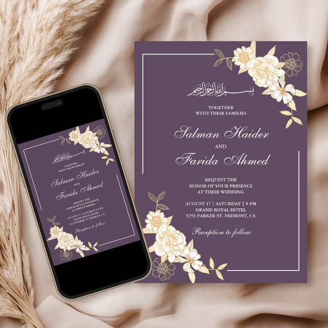 Dusty Purple Cream Floral Branch Muslim Wedding Invitation (Creator Uploaded)