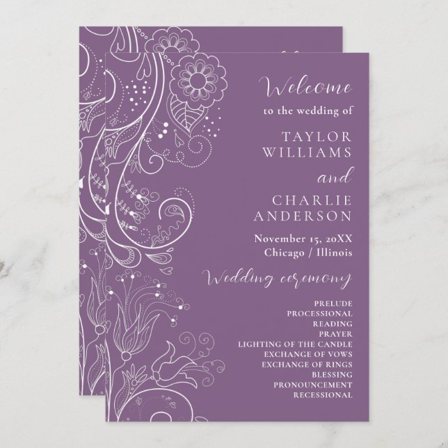 Dusty Purple Elegant Floral Wedding Program Programme (Front/Back)