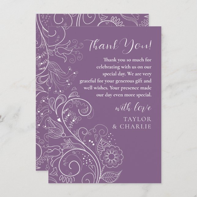 Dusty Purple Elegant Floral Wedding Thank You Card (Front/Back)