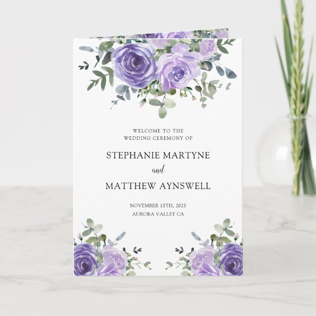 Dusty Purple Eucalyptus Botanical Wedding Programme (Front)