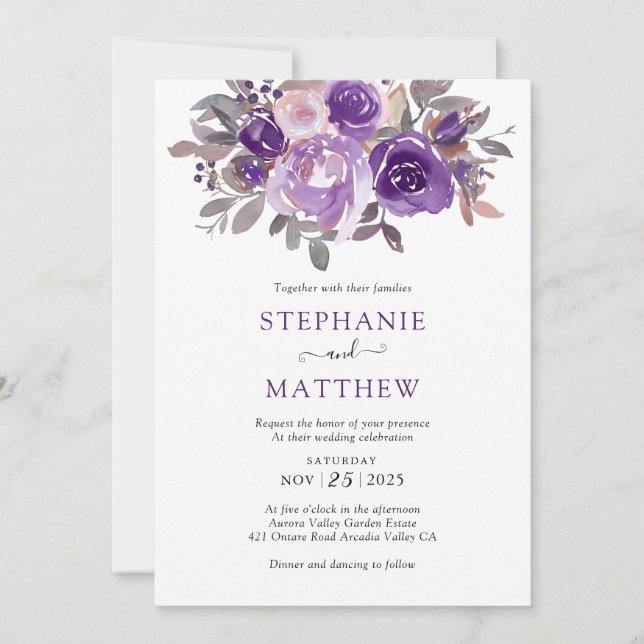 Dusty Purple Floral Botanical Foliage Wedding Invitation (Front)