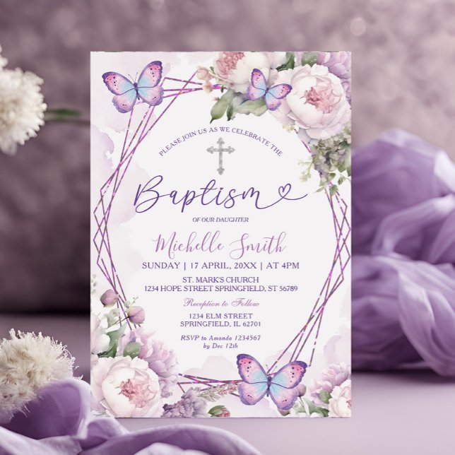 Dusty Purple Floral Butterfly Girl Silver Baptism Invitation (Creator Uploaded)