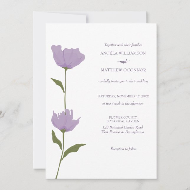 Dusty Purple Floral, Clean, Simple Wedding Invitation (Front)