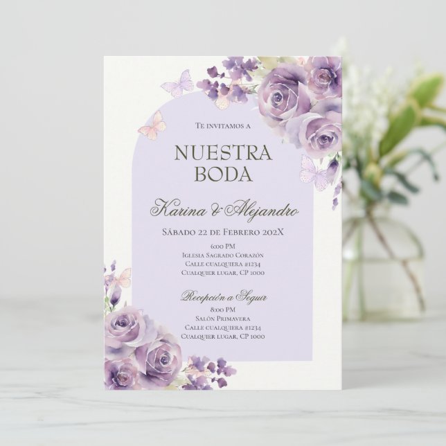 Dusty Purple Floral Elegant Boho Wedding Invitaion Invitation (Standing Front)