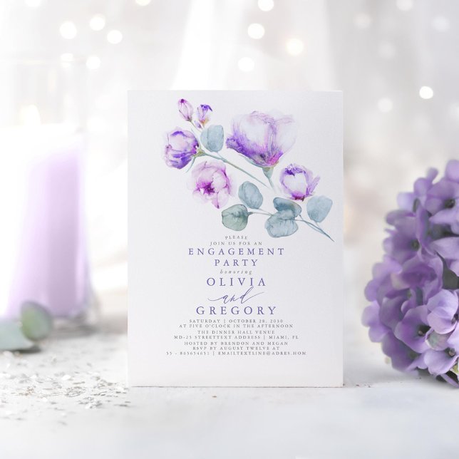 Dusty Purple Floral Elegant Engagement Party Invitation (Dusty Purple Floral Engagement Party Invitations)