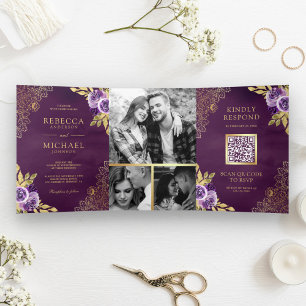 Dusty Purple Floral Gold Lace QR Code Wedding Tri-Fold Invitation