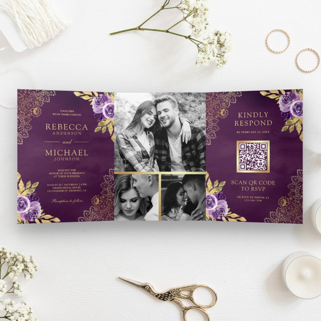 Dusty Purple Floral Gold Lace QR Code Wedding Tri-Fold Invitation (Creator Uploaded)