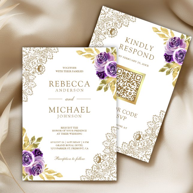 Dusty Purple Floral Lace White QR Code Wedding Invitation (Creator Uploaded)