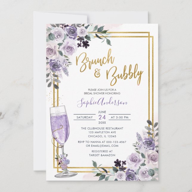 Dusty Purple Floral Lilac Flower Brunch And Bubbly Invitation (Front)