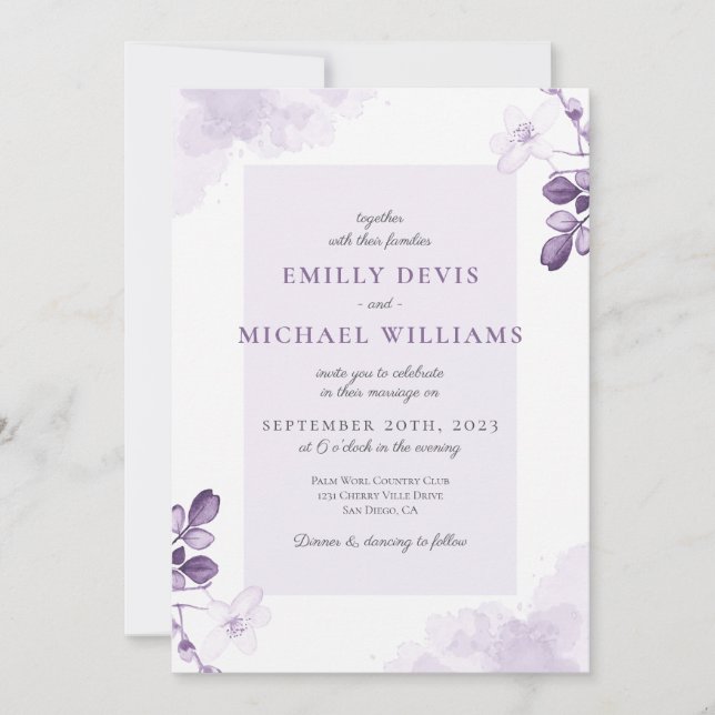 Dusty Purple Floral Rustic Wedding Invitation (Front)