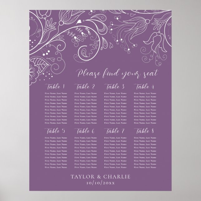 Dusty Purple Floral Wedding 8 Tables Seating Chart (Front)