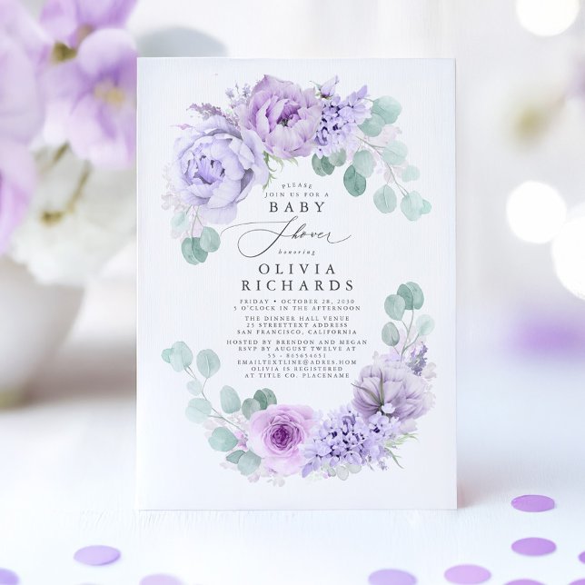 Dusty Purple Flowers Elegant Soft Baby Shower Invitation (Purple Baby Shower Invitation)