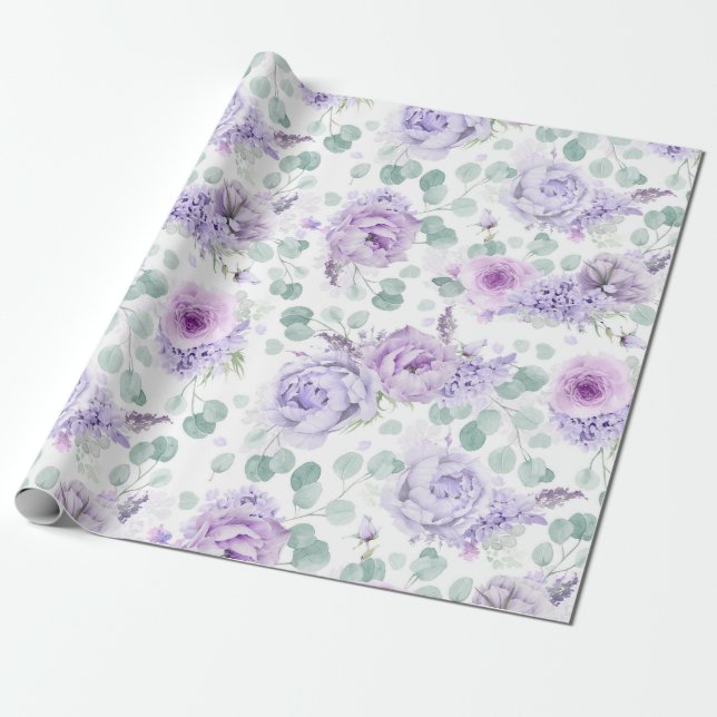 Dusty Purple Flowers Eucalyptus Leaves Botanical Wrapping Paper (Unrolled)