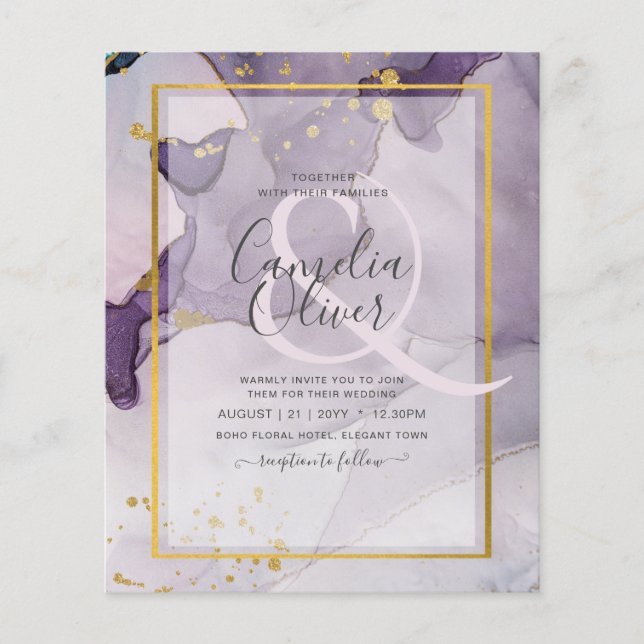 Dusty Purple Gold Alcohol INK Abstract Wedding Flyer (Front)