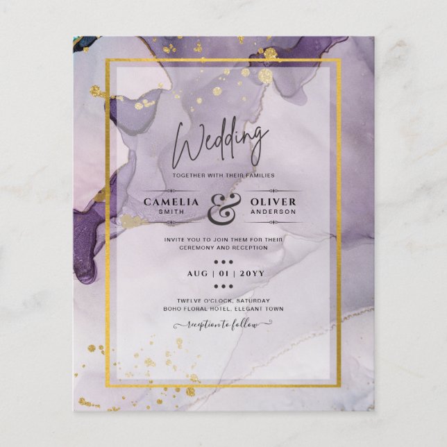Dusty Purple Gold Alcohol INK Abstract Wedding Flyer (Front)