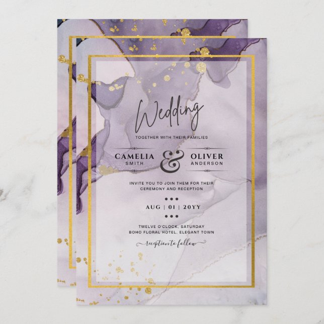 Dusty Purple Gold Alcohol INK Abstract Wedding Invitation (Front/Back)