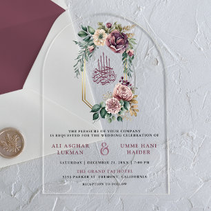 Dusty Purple Gold Floral Crest Muslim Wedding Acrylic Invitations