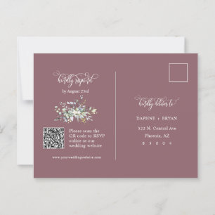 Dusty Purple Green Leaves QR Code Address RSVP Postcard