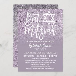 Dusty Purple Grey Faux Glitter Ombre Bat Mitzvah Invitation