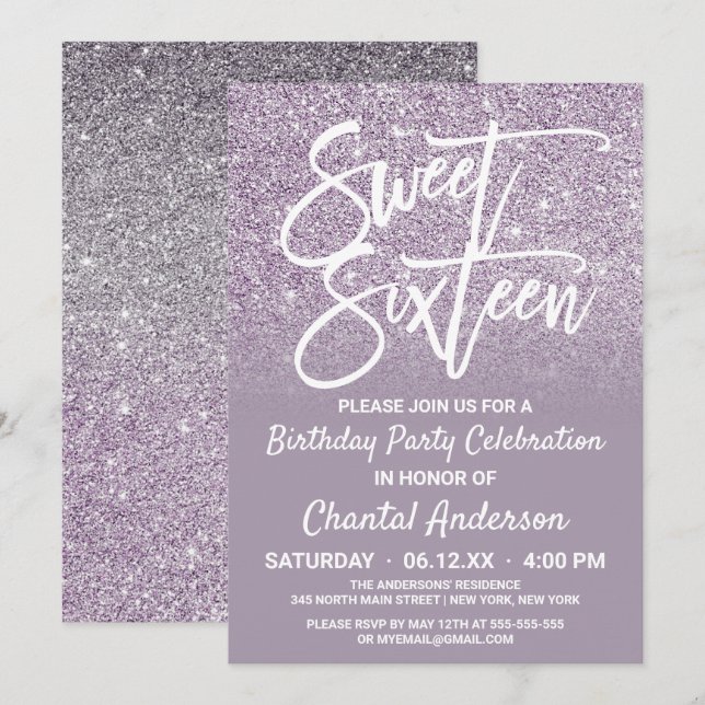 Dusty Purple Grey Faux Glitter Ombre Sweet Sixteen Invitation (Front/Back)