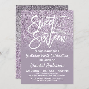 Dusty Purple Grey Faux Glitter Ombre Sweet Sixteen Invitation