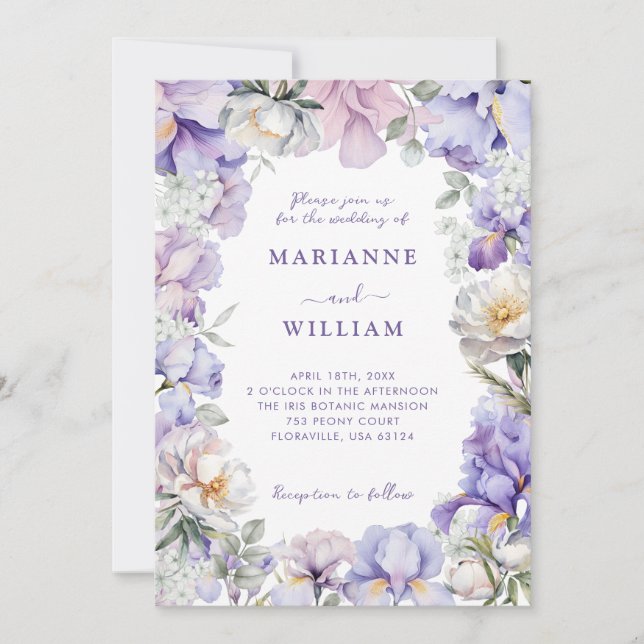 Dusty Purple Iris & White Peony Botanical Wedding Invitation (Front)