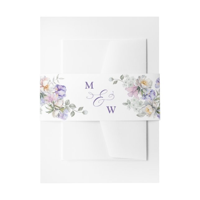 Dusty Purple Iris & White Peony Botanical Wedding Invitation Belly Band (Front Example)