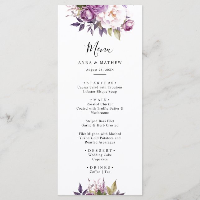 Dusty Purple Lavender Floral Boho wedding Menu (Front)