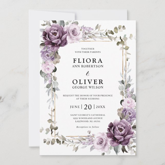 Dusty Purple Lavender Gold Geometric Wedding Invitation (Front)