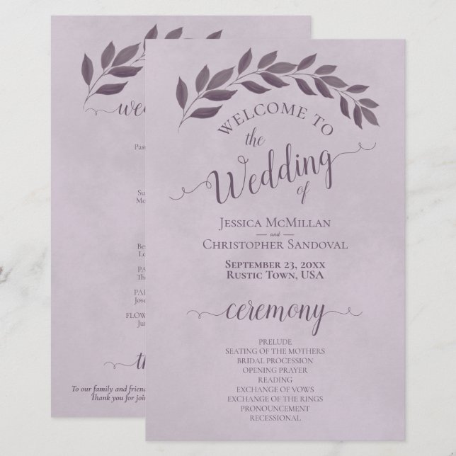Dusty Purple Leaves Budget Wedding Program (Front/Back)