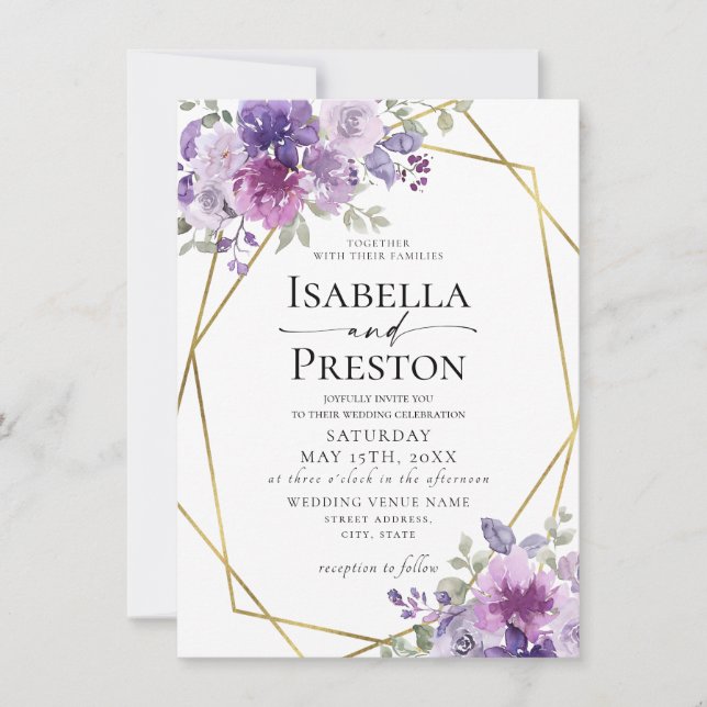 Dusty Purple Lilac Mauve Gold Foil Floral Wedding Invitation (Front)